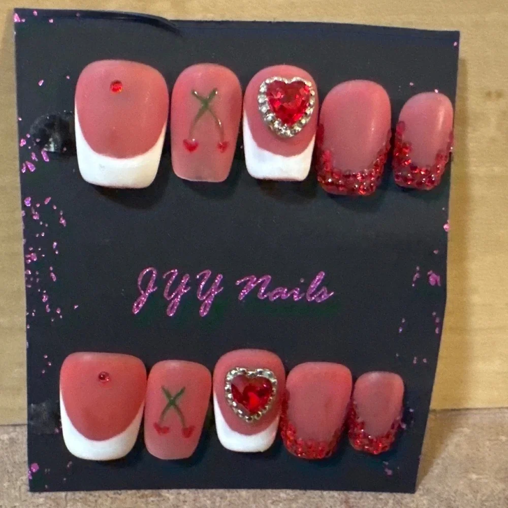 Press On Nails Red Heart Cherry French Tip‎ Glitter Matte Square Set